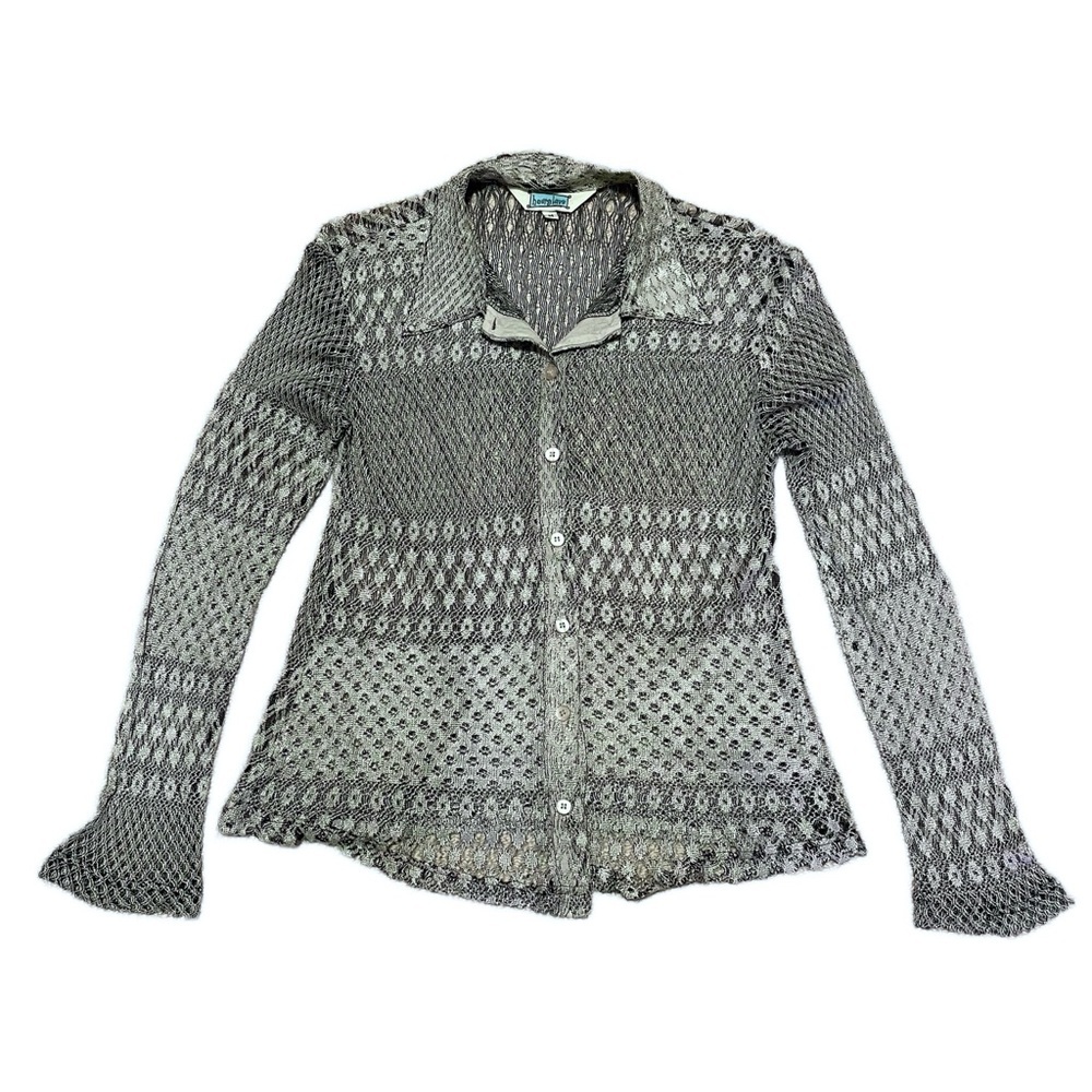 Y2K Vintage Hourglass Silver Crochet Sheer Open Knit Cardigan Sweater Medium